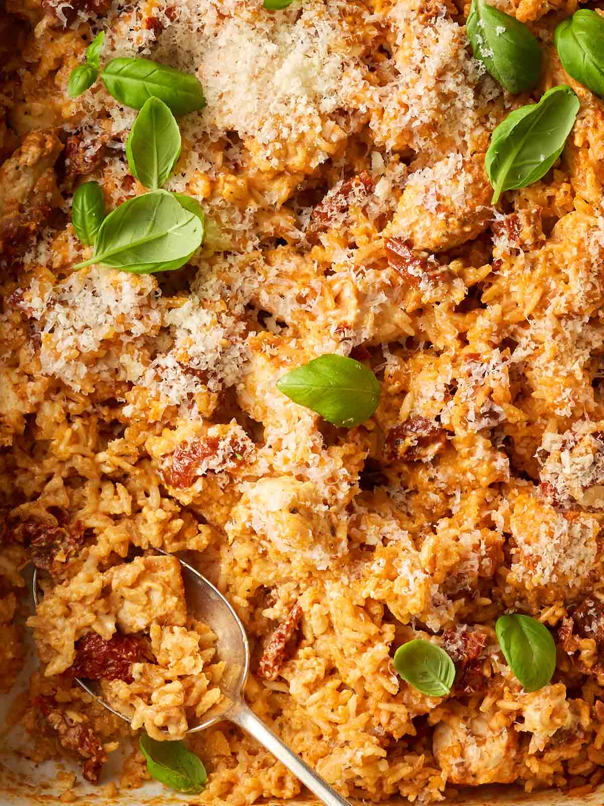 A close up of a rice and chicken dish with sun-dried tomatoes and parmesan sprinkled on, garnished with basil leaves.