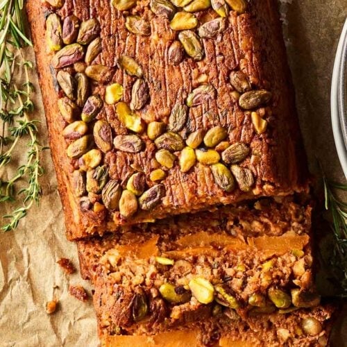 A nut loaf with pistachios from above.