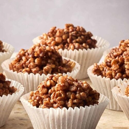 Rows of rice krispie treats, ready to eat.
