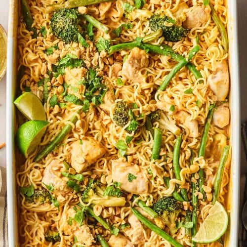 One pan chicken noodles with vegetables, cooked and ready to serve up.