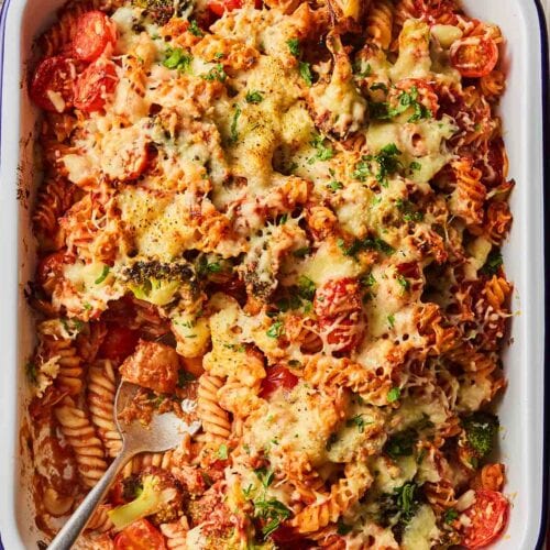 An oven dish filled with baked tuna and pasta.