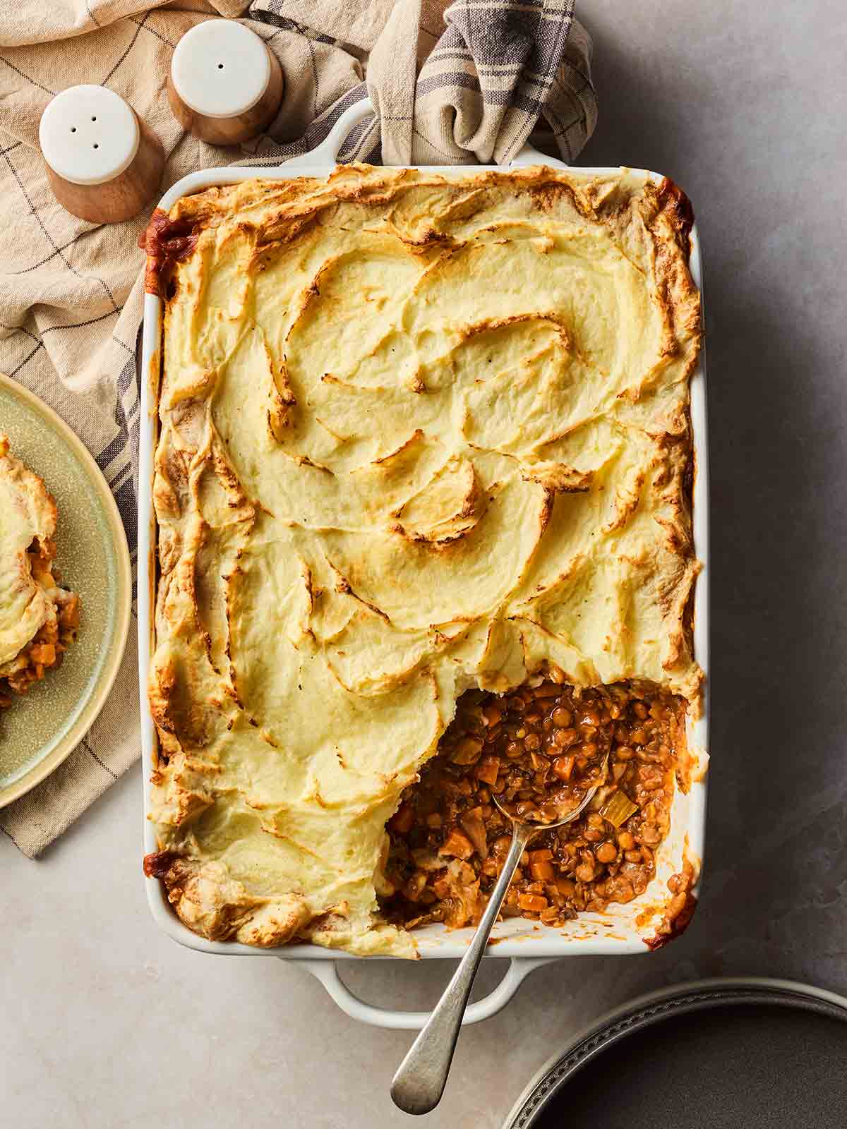Delicious and hearty Veggie Cottage Pie straight out of the oven.