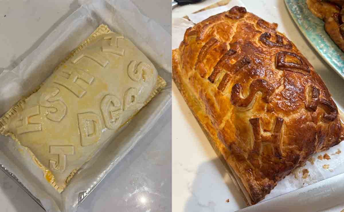 Photo of uncooked and cooked beef wellington with initials cut out side by side.