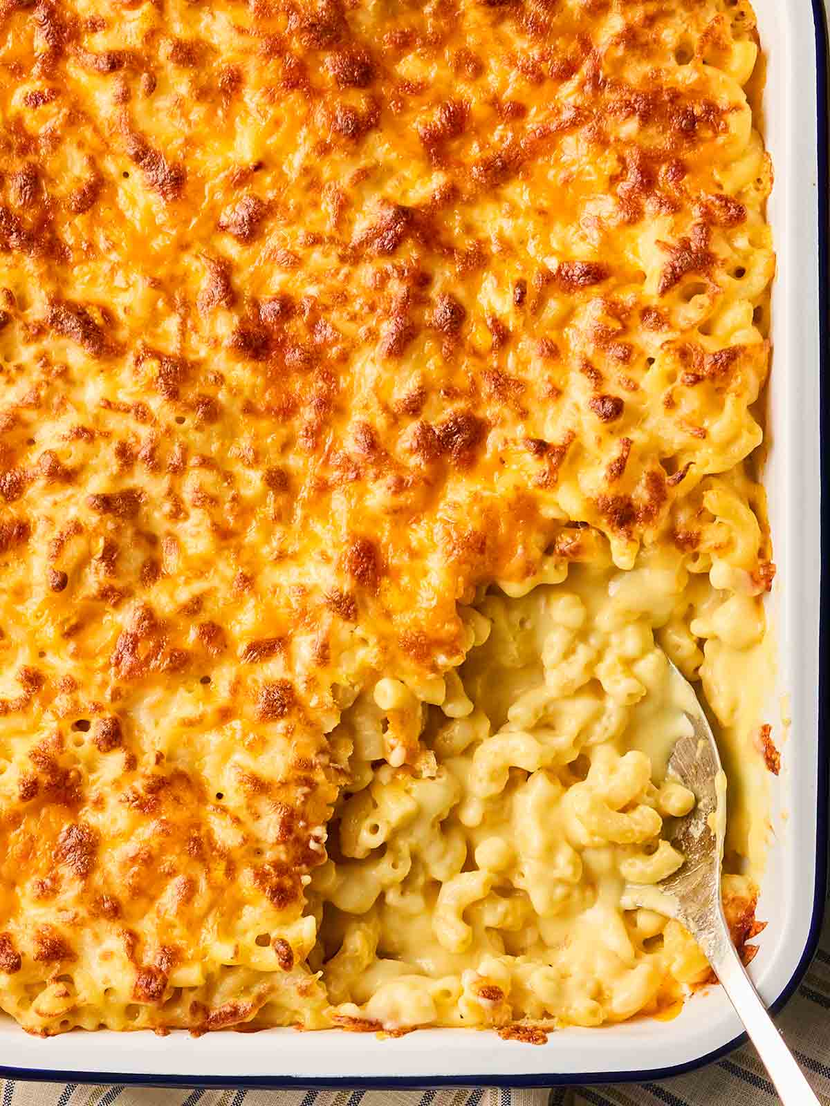 A close up of a dish of Macaroni Cheese, with bubbling golden baked cheese on top.