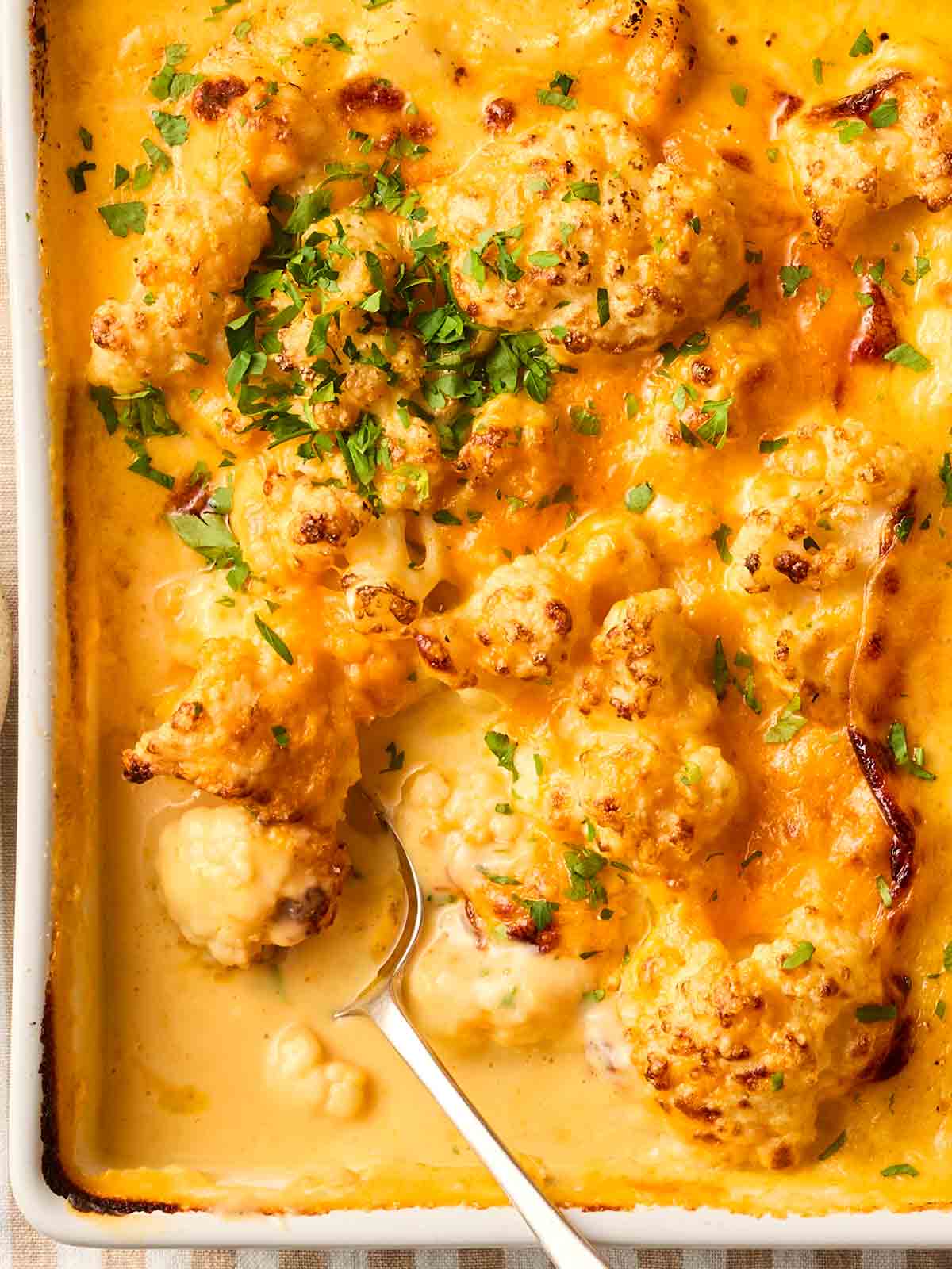 A close up of a dish of baked Cauliflower Cheese.