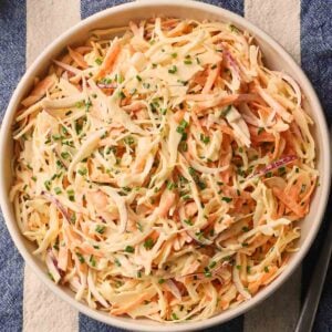A close up of a bowl with homemade coleslaw inside, with cabbage, carrots and red ontopn, with chives on top, on a blue and white tablecloth.