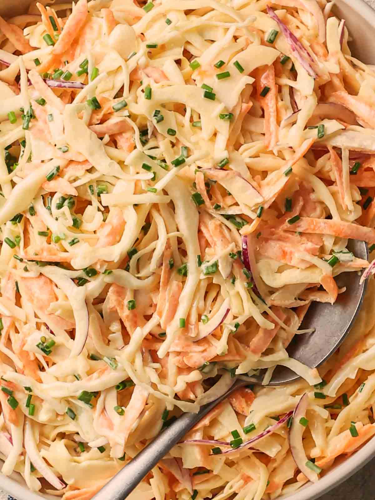 A close up of homemade coleslaw with chives on top and a spoon in.