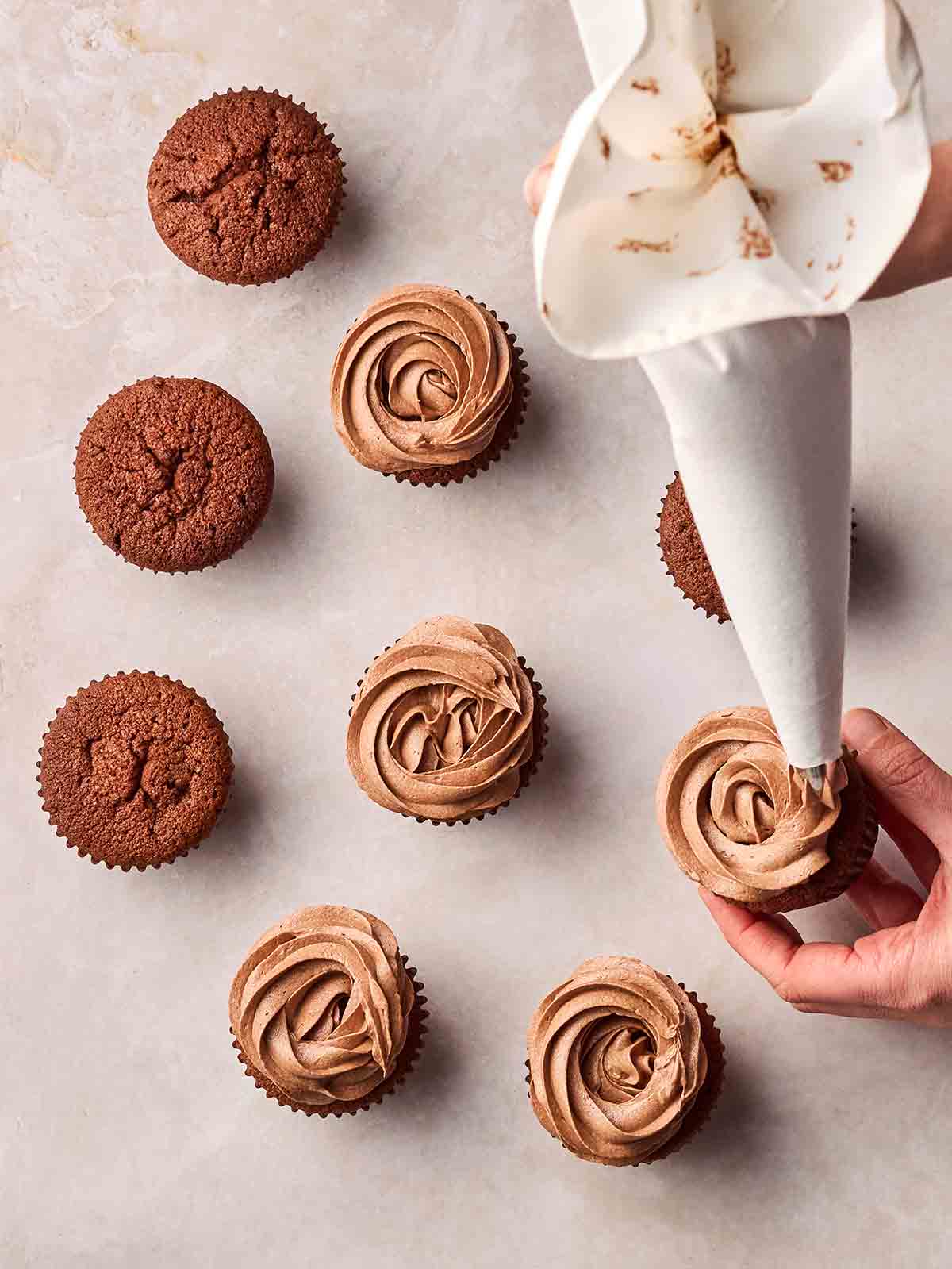 A batch of chocolate cupcakes on a white surface, with two hands piping frosting on top.
