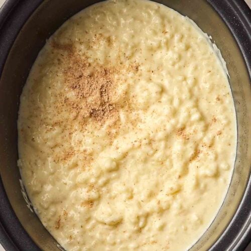 A simple crock pot rice pudding in the pan.