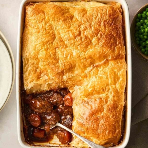 A steak and ale pie, ready to eat.