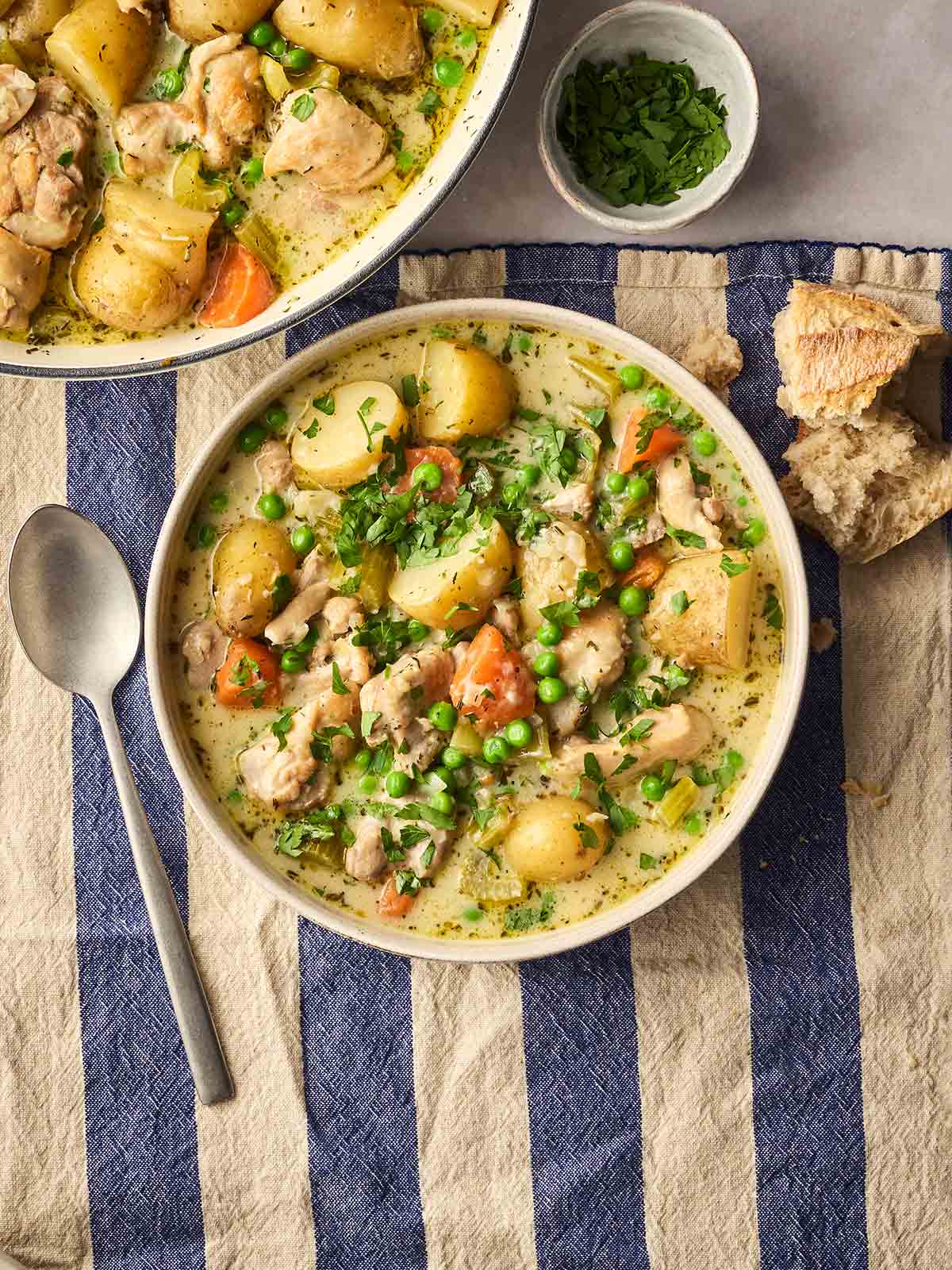 A bowl of creamy chicken stew on a blue and white stripy tablecloth, with the pot of stew to the top and a spoon for eating to the side.